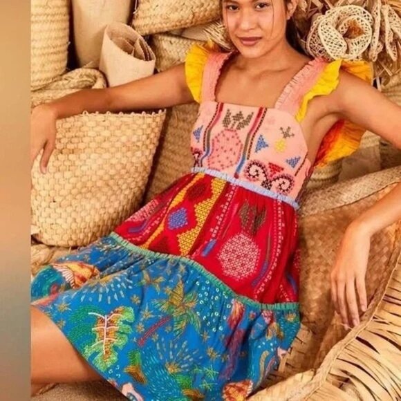 FARM Rio Dresses & Skirts - Farm Rio colorblock embroidered tropical tiered ruffle mini dress